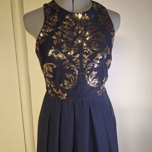 B Darlin Elegant Navy Chiffon and Gold Sequens Dress Junior       Size 9
